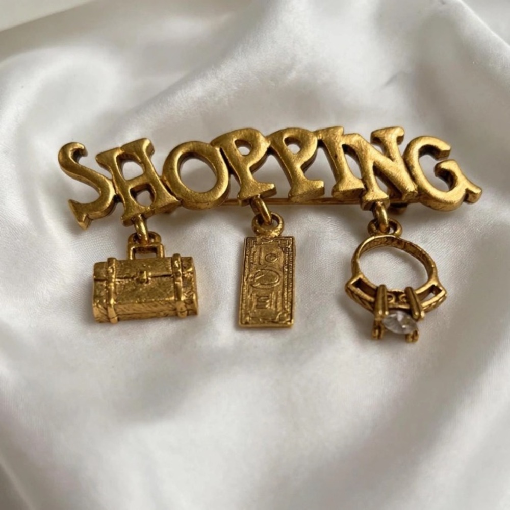 “VTG” Gold-Tone "SHOPPING" Charm Brooch Dangling Charms “Signed” L RAZZA